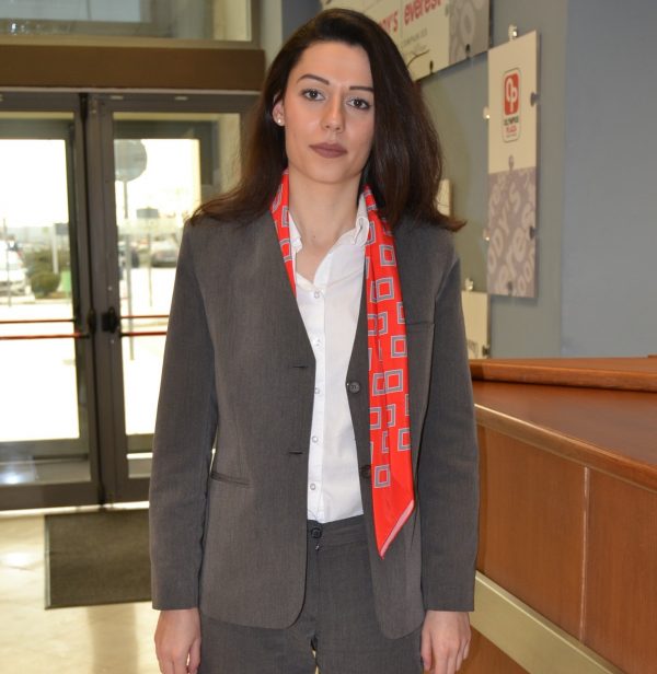 receptionist outfit suit shirt scarf