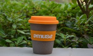 bamboo cup with orange silicone parts